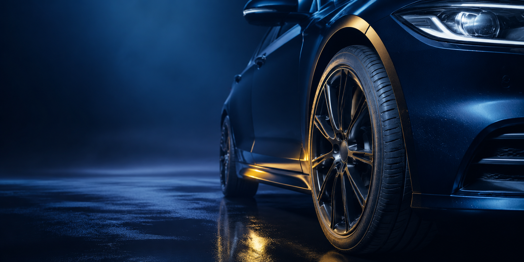 Premium touring tyre on a dark blue sedan