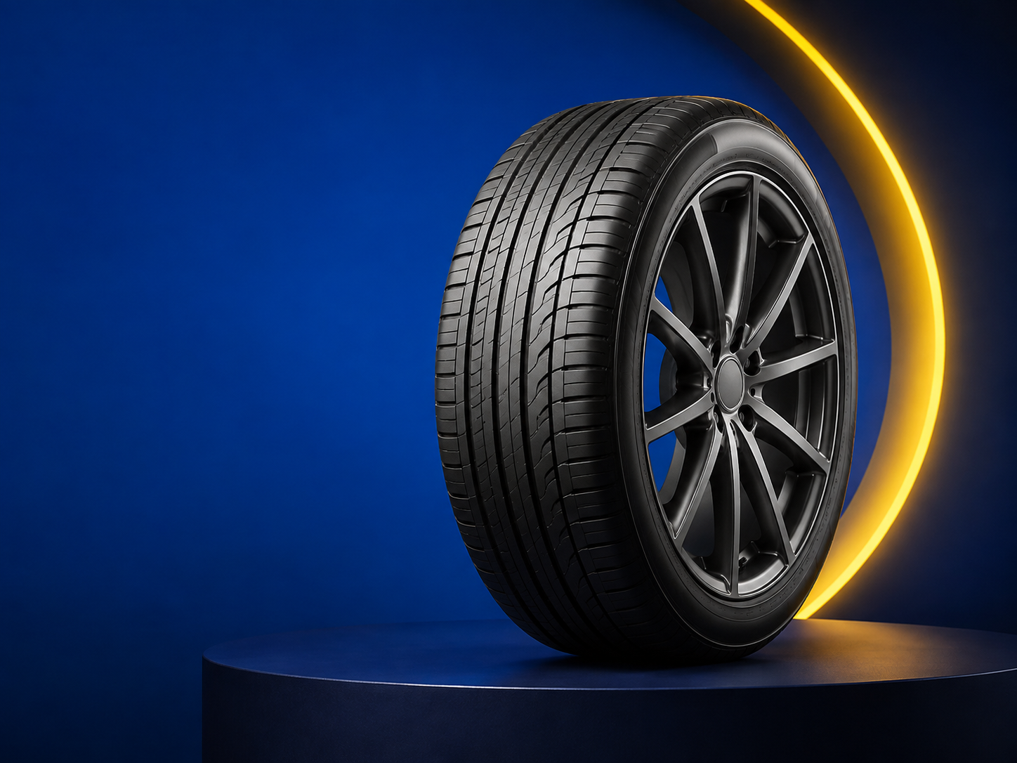 Premium touring tyre displayed in a blue and yellow studio setting